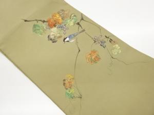 作家物　塩瀬金彩手描き葡萄に小鳥模様名古屋帯